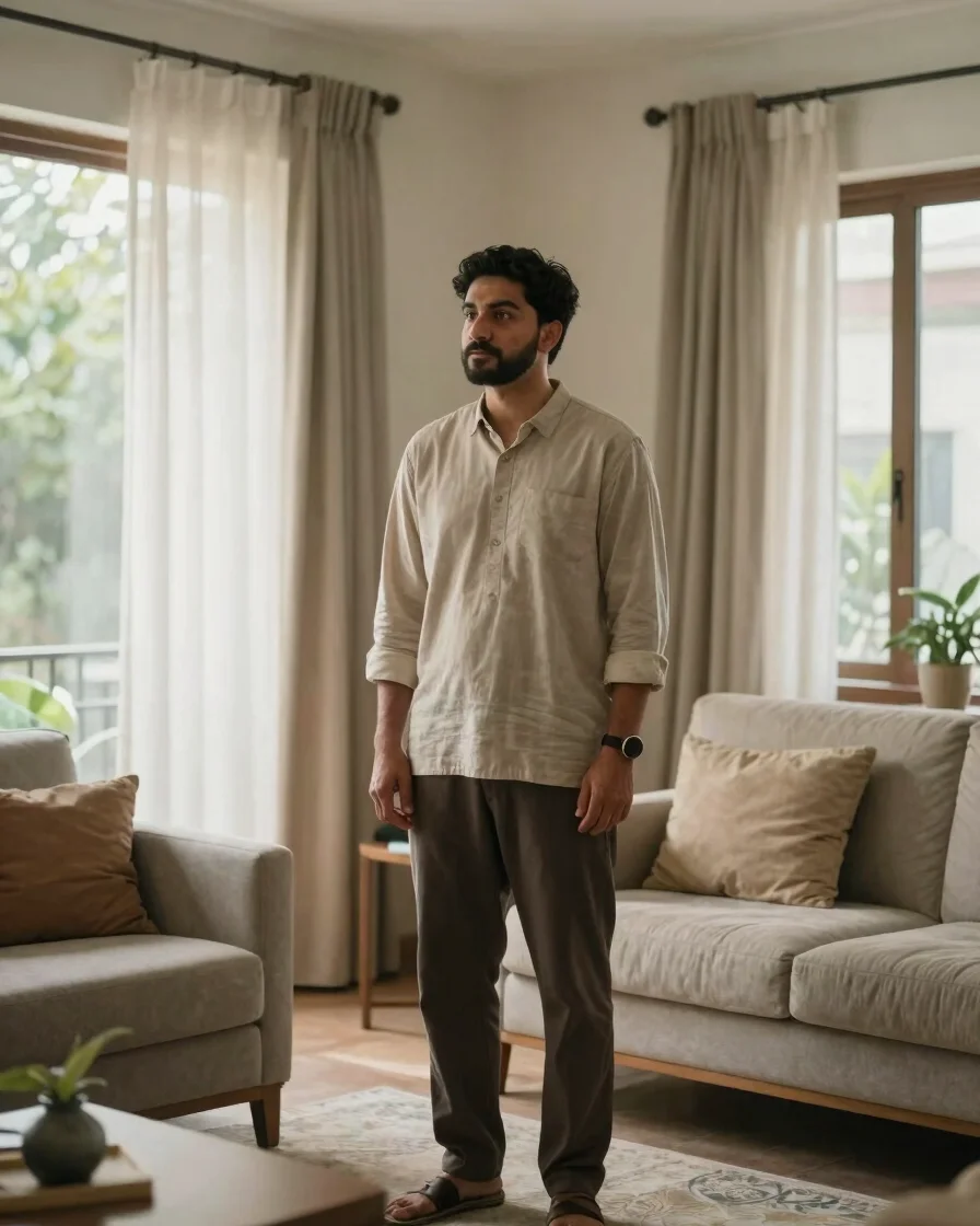 Editorial portrait of a calm, contemporary Islamabad host standin