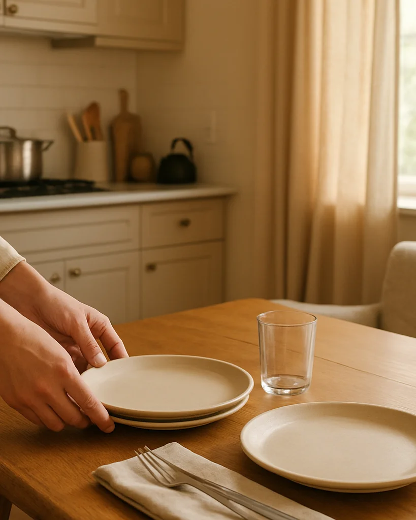 Editorial hospitality photograph of a lived-in residential kitchen or sitting area in Islamabad, soft natural daylight,